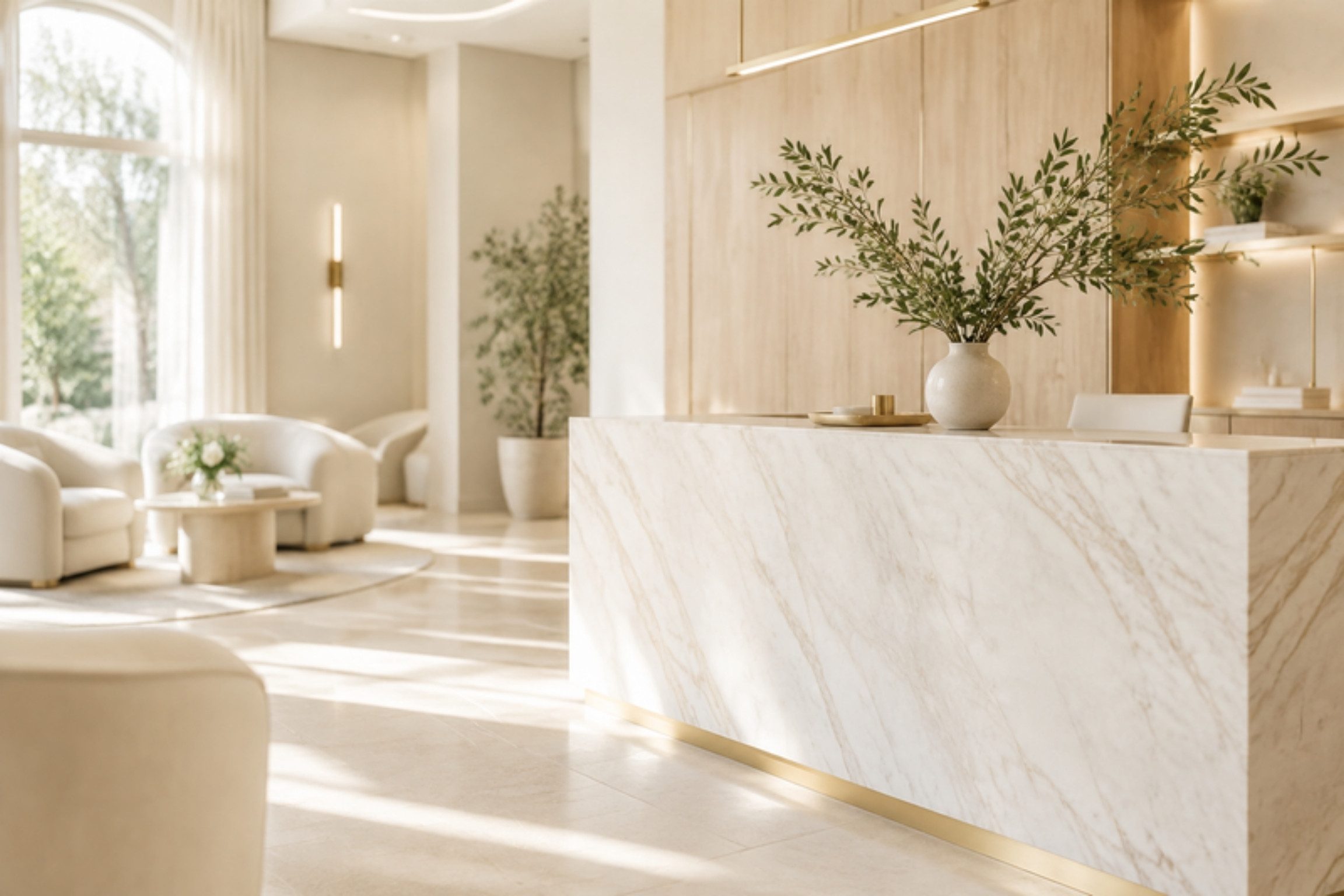 Recepción luminosa de Serenity Prime, con luz natural, mármol y botánica