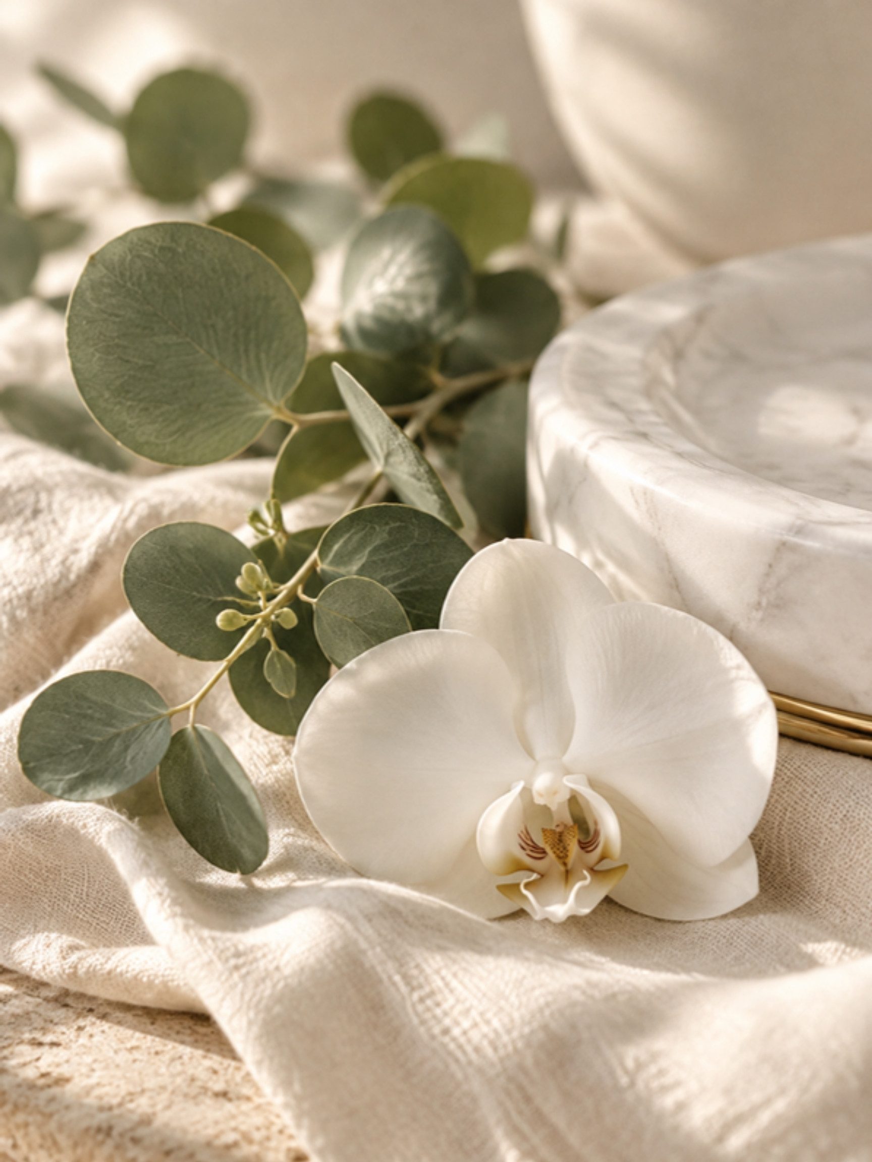 Detalle de eucalipto y orquídea sobre lino, ambiente sereno de Serenity Prime